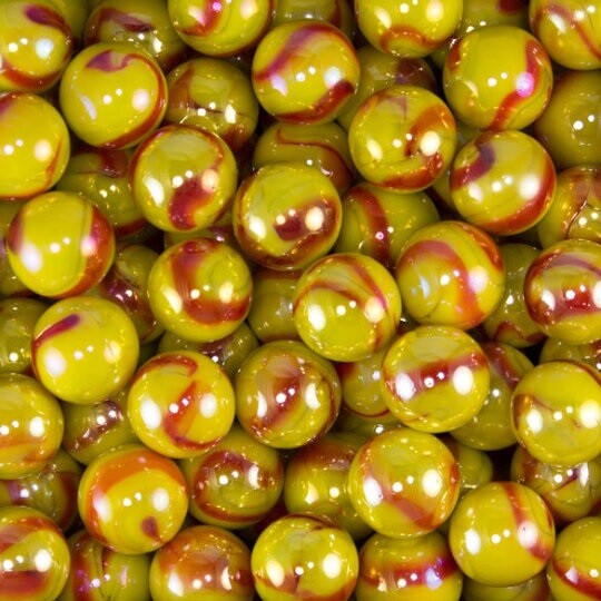 Pk 500 Sun 12mm (1/2 inch) PeeWee Glass Marbles Iridescent Yellow w Red Swirls