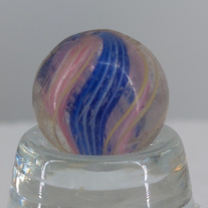 Vintage German Swirl Core 5/8″ Blue White Yellow Pink Onionskin Glass Marble #A4