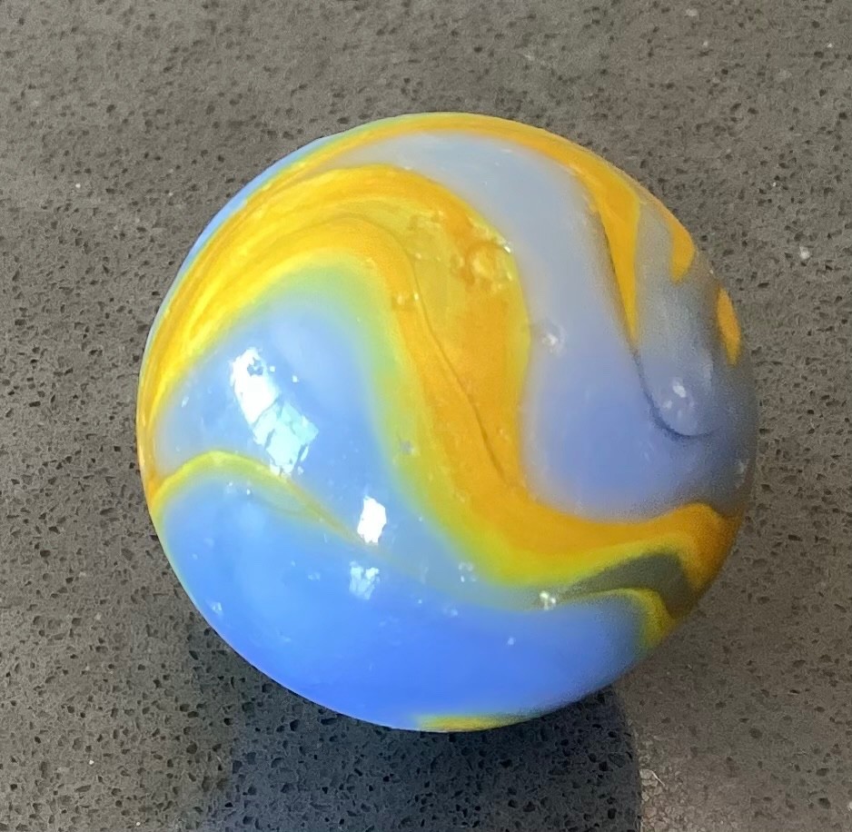 Marble Alley Agate Shooter Boulder Blue Yellow Flames Played Good+ to NM- 0.99”