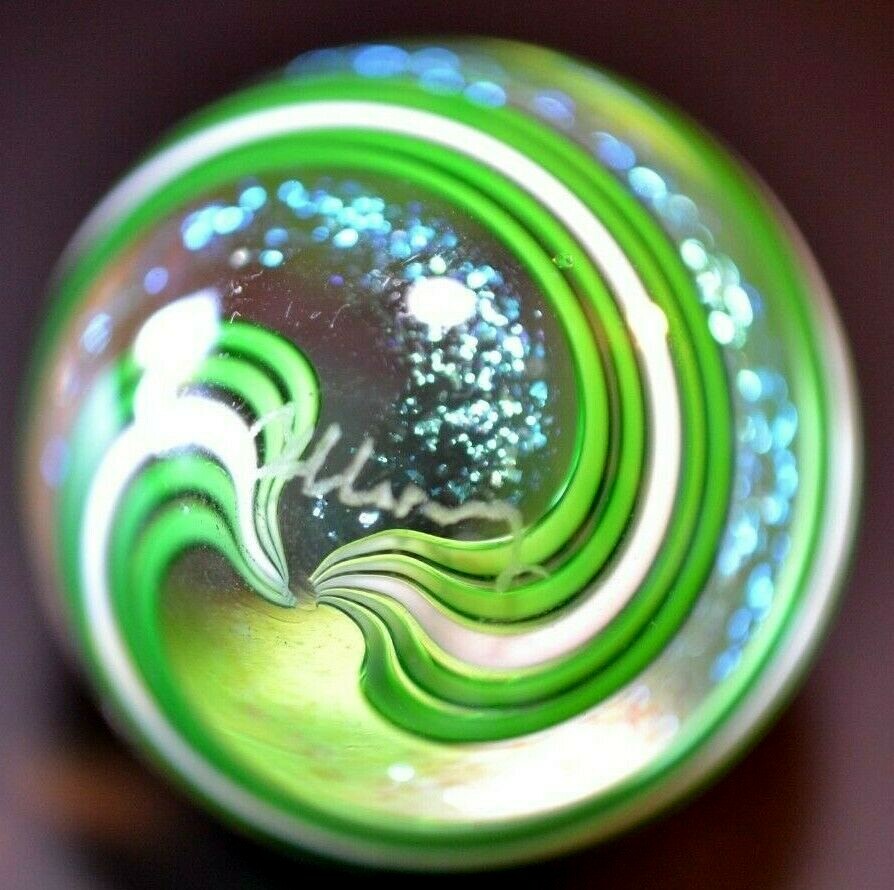 JAMES ALLOWAY GLASS MARBLE/1.249″-LIME DICHROIC SWIRL#3158-DICHROIC SAPPHIRE +