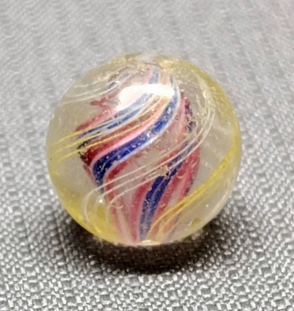 Vtg German Handmade Colorful Divided Latticino Core Swirl w/ Cage Marble .50″