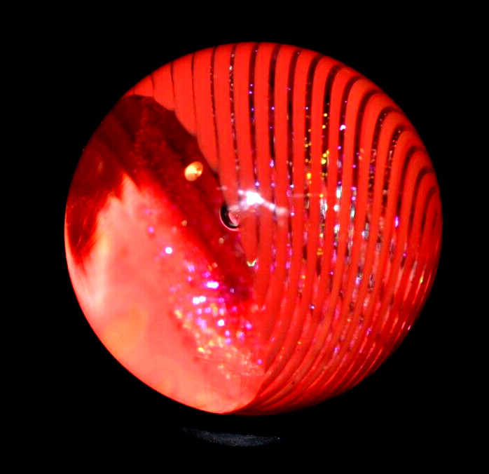 JAMES ALLOWAY GLASS MARBLE/1.372″-DICHROIC RED VORTEX #3528-GRASS,ORANGE,VIOLET+