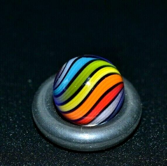 BRYAN TRILLAS GLASS MARBLE/.408″-RAINBOW UV/BLACK-THIN BLACK RIBBON,TEAL,PINK +
