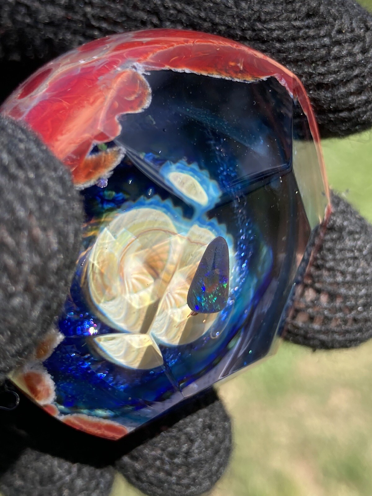 Glass Boro Marble 41mm W/ Opal Stone Hand Made Art Faceted ￼space Sculpture