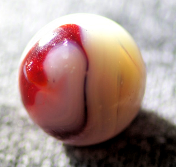 Akro Agate Toy Marble, Milky Onyx Oxblood, Aventurine, with Blue Trace 5/8″ #348