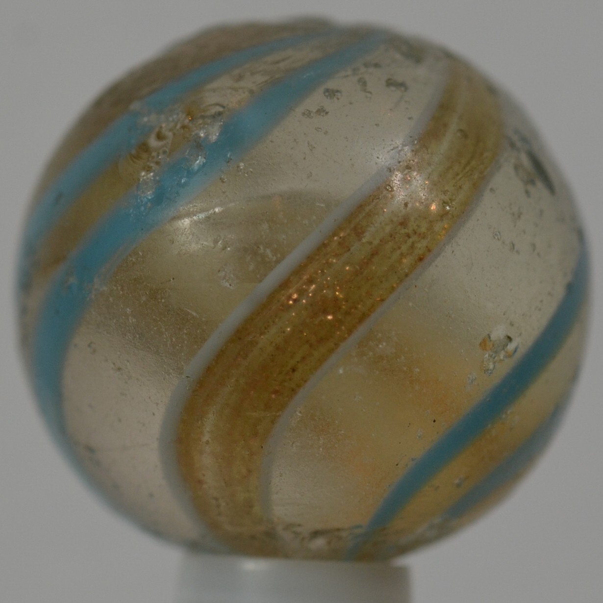 Handmade Aqua Banded Lutz Marble, 25/32 in, Good+, Chip, Germany 1860-1920 S1234