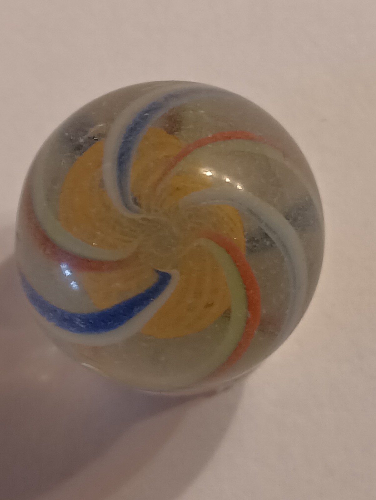 German Latticinio Yellow Core Marble. .74 Inch Blue White / Red Green Stripes