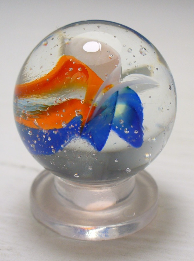 #1050 Vintage Foreign Cats Eye Marble Shooter 6 Vane 3 Color Red, White and Blue