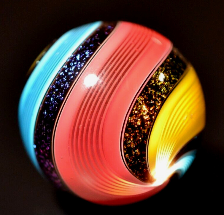 HOT HOUSE GLASS MARBLE/1.475″-TRIPLE BANDED FINE LINER-TURQ,SUNFLOWER,TOMAT0&DIC