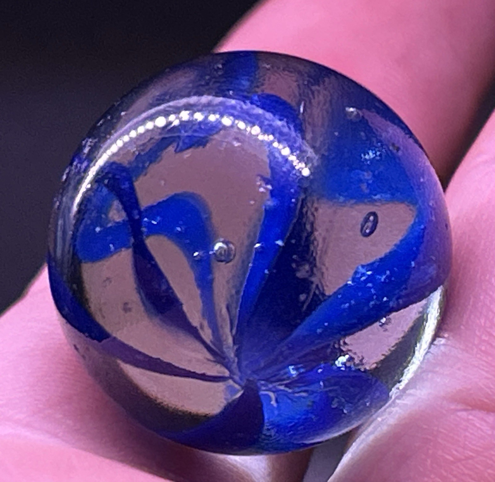 Vintage Deep Blue 7 Vein Caged Cats Eye Shooter 0.96” Marble Near Mint