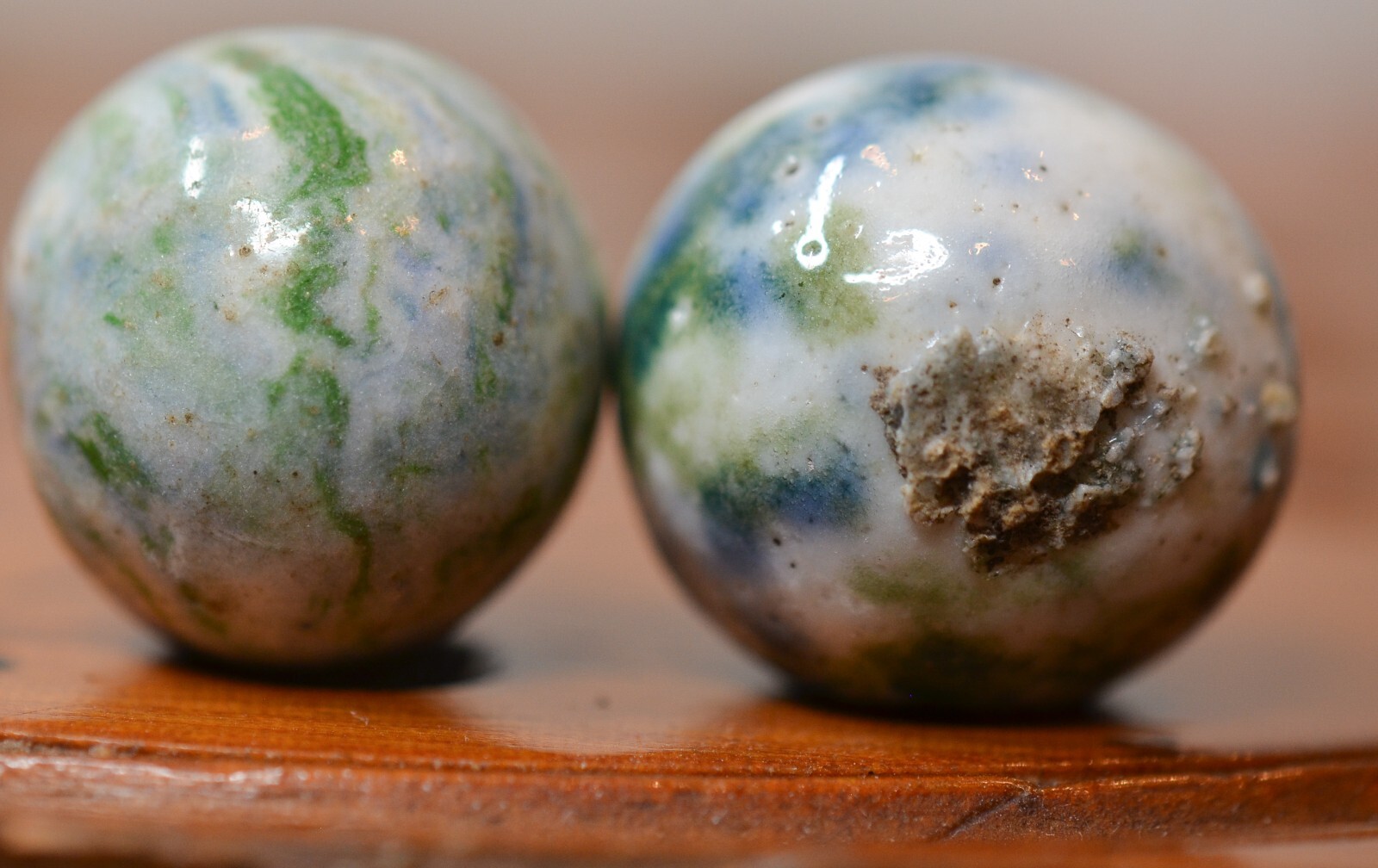 Pair of Crockery Marbles, Handmade 3/4 inches, Mint, 1860-1920, Germany, S1487