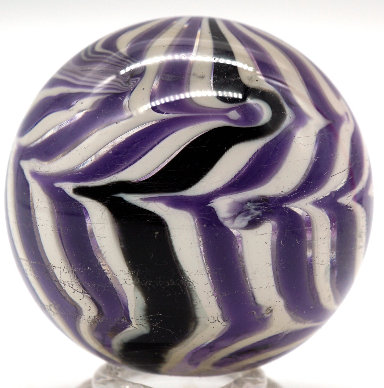 Art Glass Marble Reverse Twisted Spiral Swirl Purple & White One Black Swirl