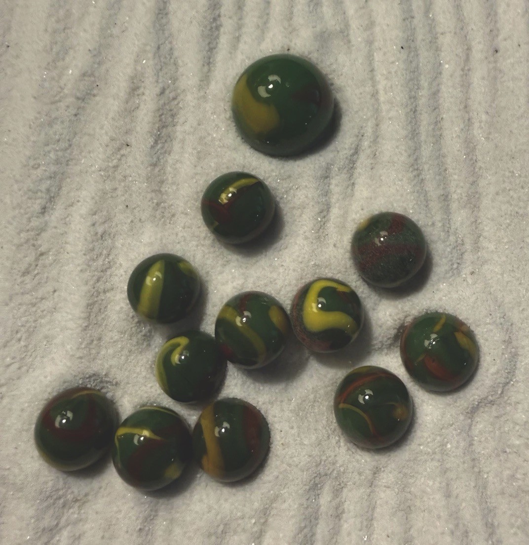 Lot of 12 Vacor Turtle Green with red and yellow Swirl Glass Toy Marbles,