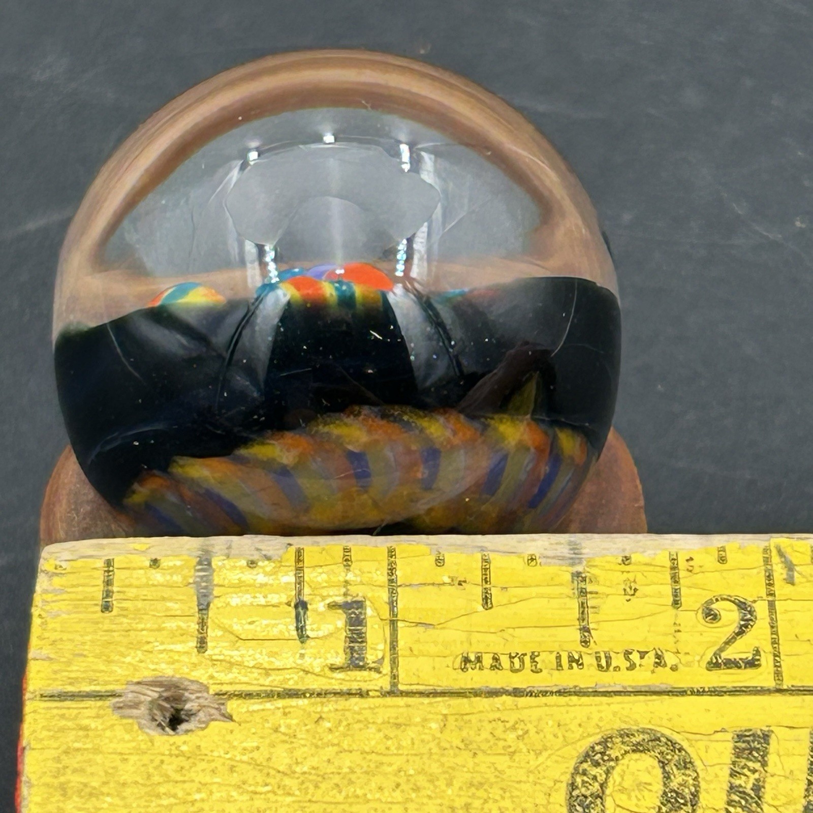 2021 Brock Eddleman Signed Art Glass Marble Rainbow Ribbon Cane 1.5”
