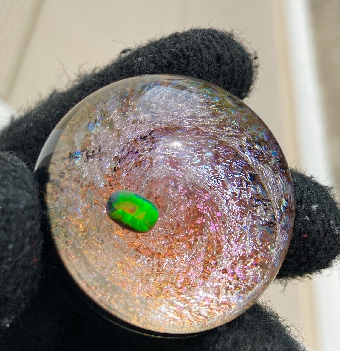 Glass Boro Marble 38mm Black Opal Candy Apple Red Dichro Swirl Hand made Art