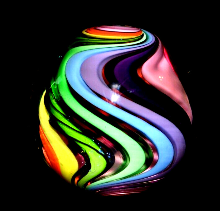 EDDIE SEESE GLASS MARBLE/1.998″-RAINBOW DRT w/FILIGRANA CANE-MAGENTA,LIME,VIOLET