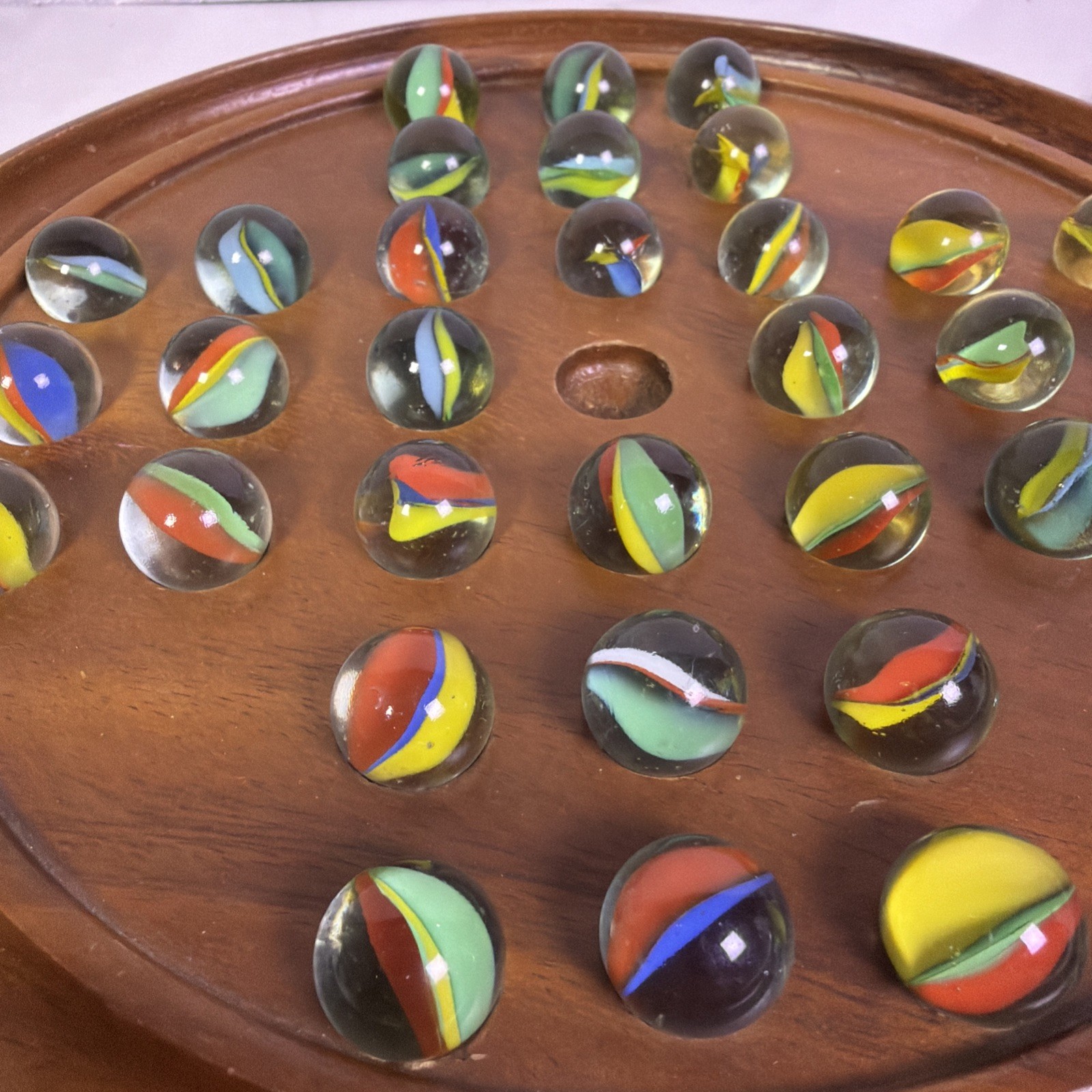 VTG Multi-Color Marbles Akro/Agate/Vitro? 32 Marbles & Wooden Solitaire Board