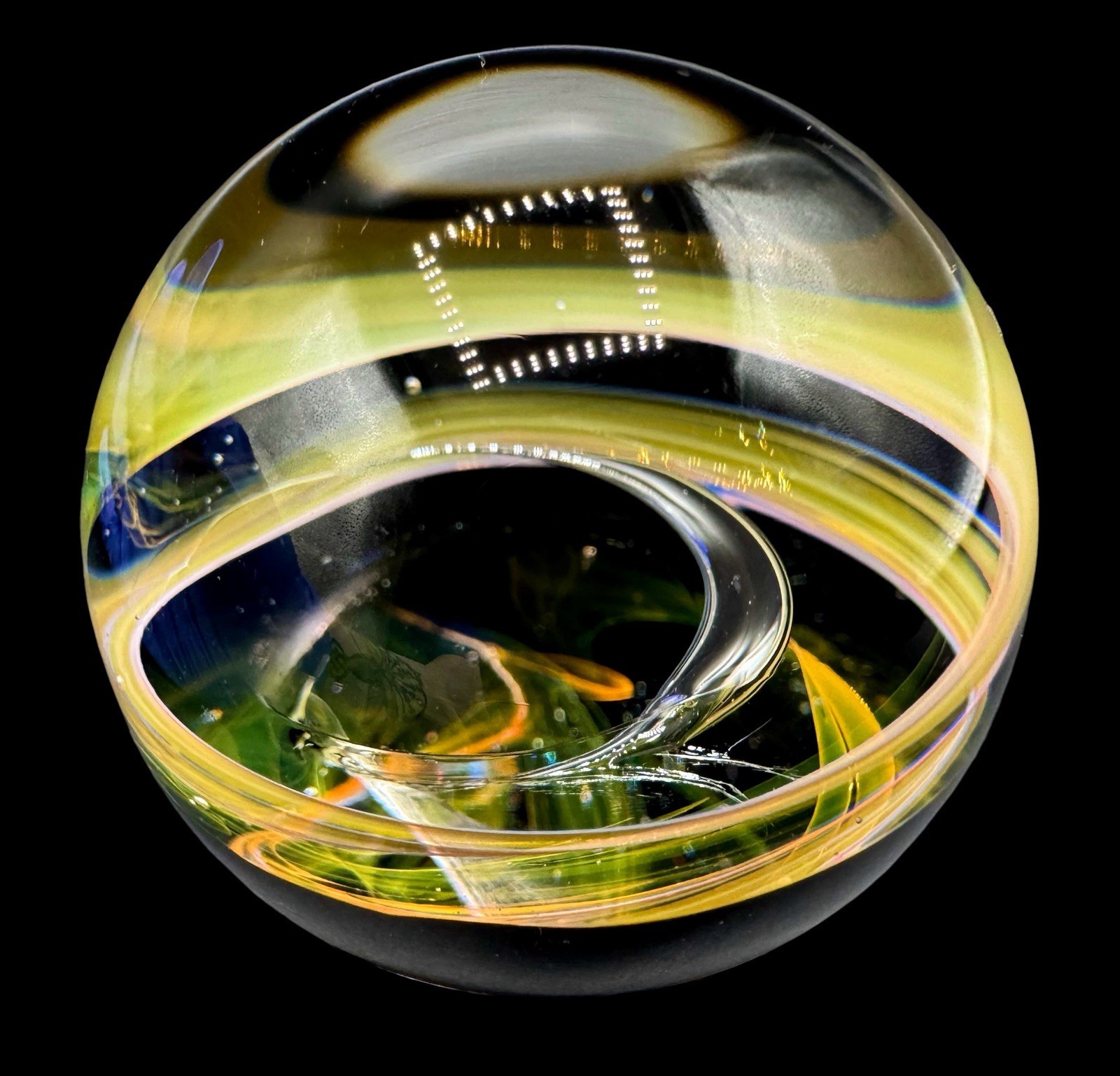 Large Art Glass Boro Marble Sphere 1.95” Swirl Fumed Yellow Orange Green Bubble