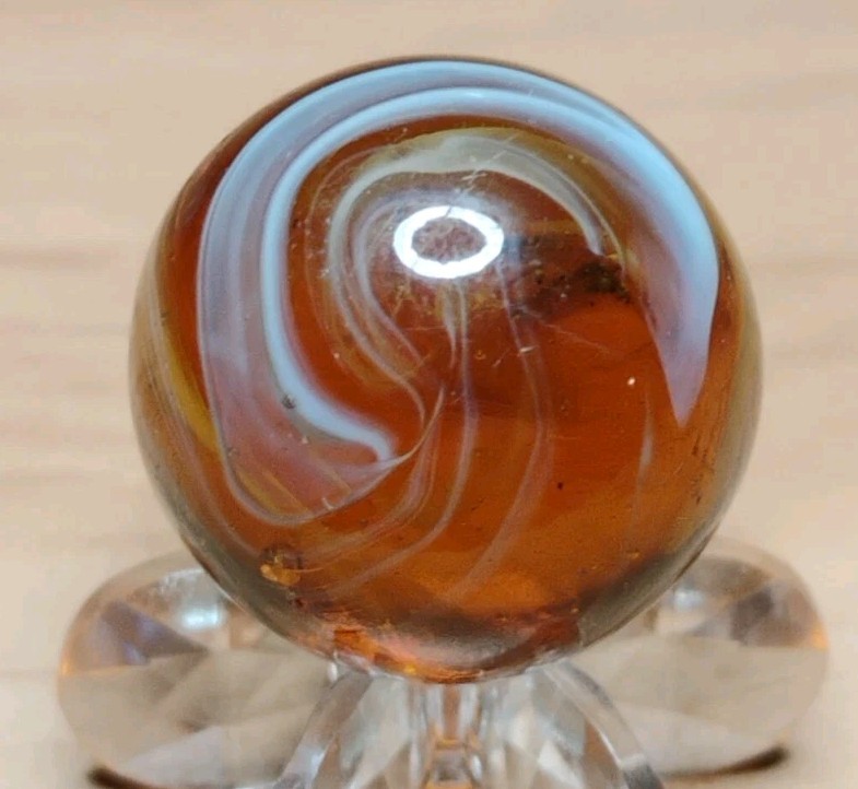 .76″ CHRISTENSEN/PELTIER MARBLES -AMBER SLAG NM+ RARE