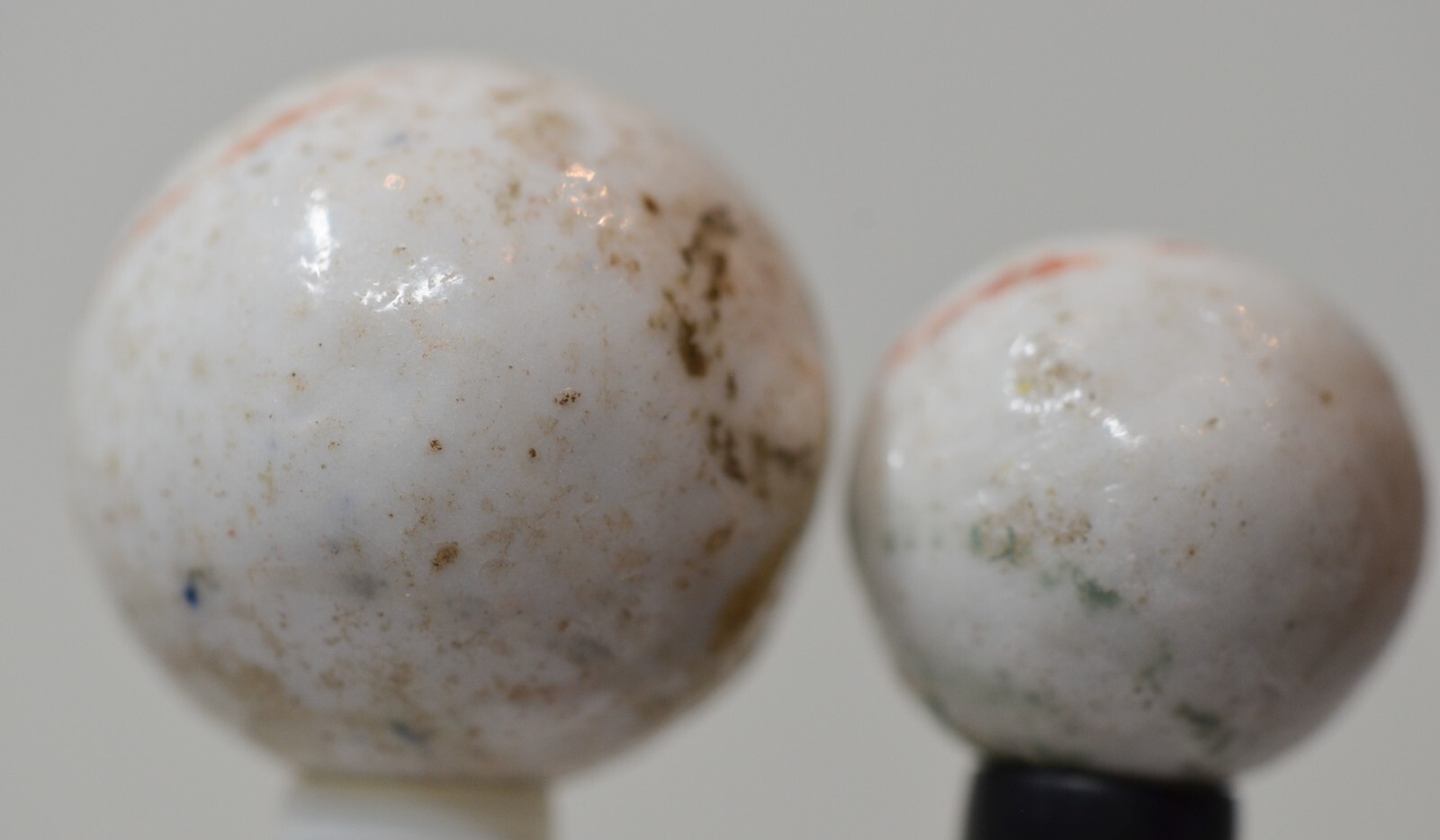 Pair of Handmade Bull’s Eye Glazed China Marbles, 0.84 & 0.62 in, Germany, S1500
