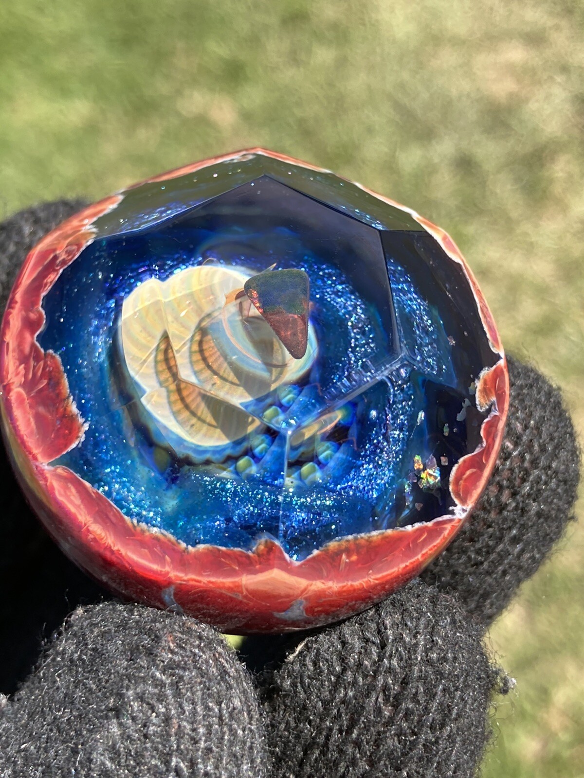 Glass Boro Marble 41mm W/ Opal Stone Hand Made Art Faceted ￼space Sculpture