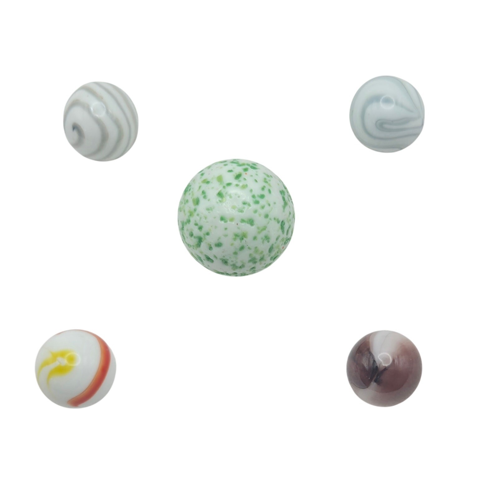 Lot Of 5 Vintage Glass Marbles White Swirl Speckled Green Red Brown Collectible