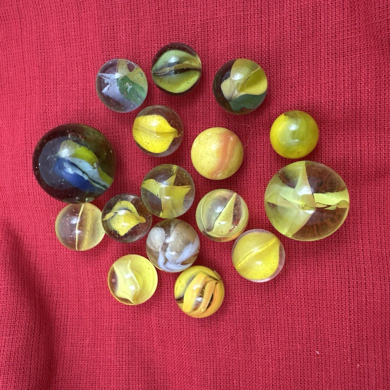 Glass Marble Lot x 16 Shades YELLOW w/ 2 Large Shooters & Various Play Sizes