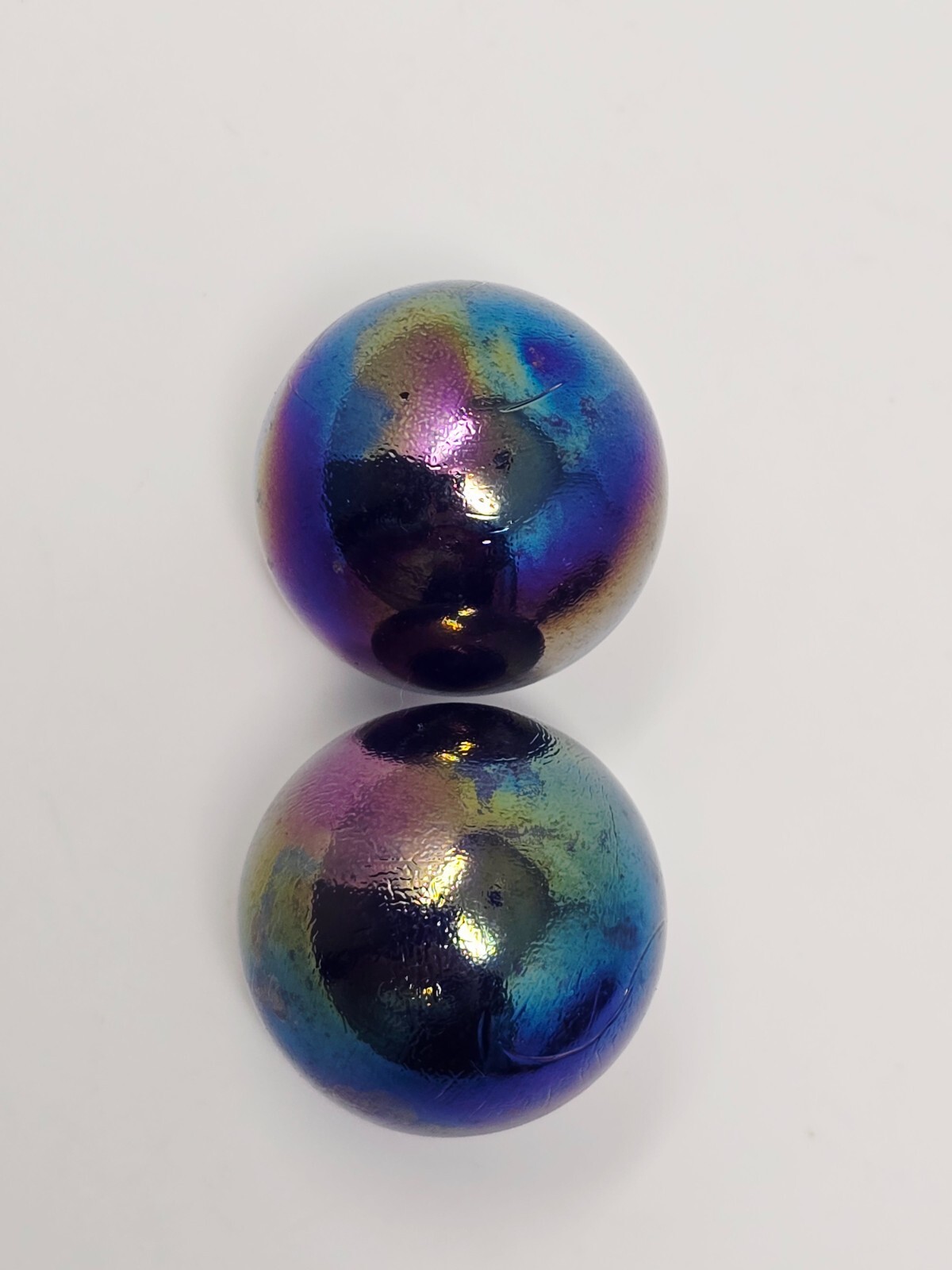 Pair of Vintage Iridescent Purple Blue Carnival Glass Shooter Marble 1.25″ Aprx
