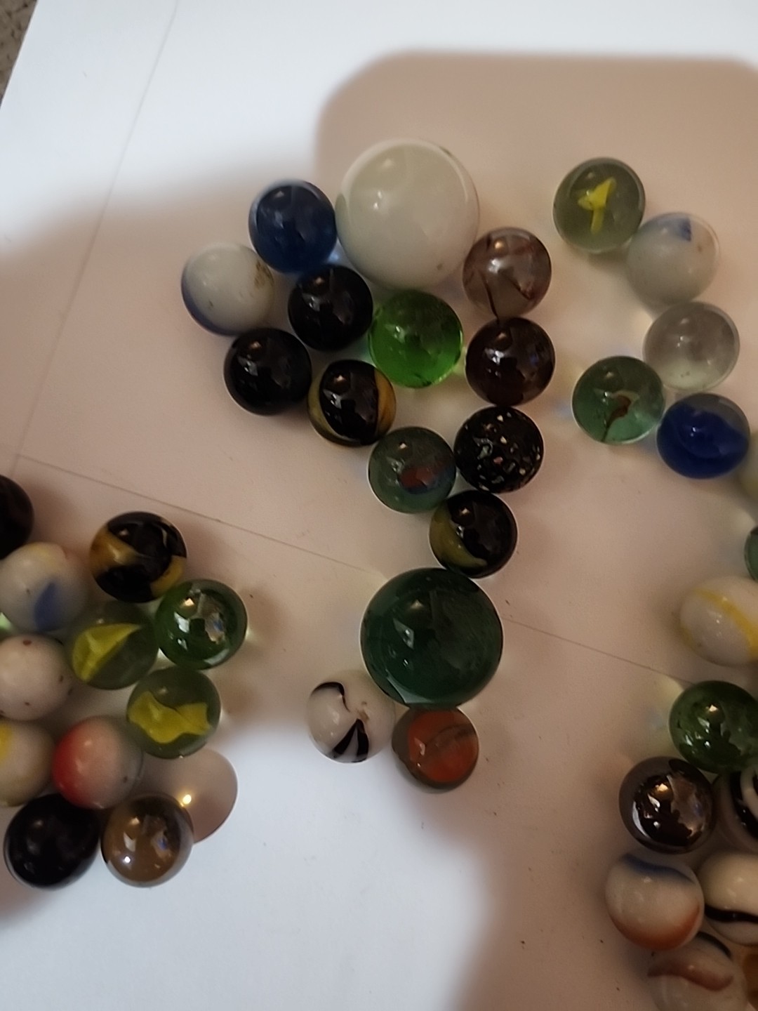 Vintage Lot 61 Glass Marbles Green yellow White brown swirl Black 2 Shooters