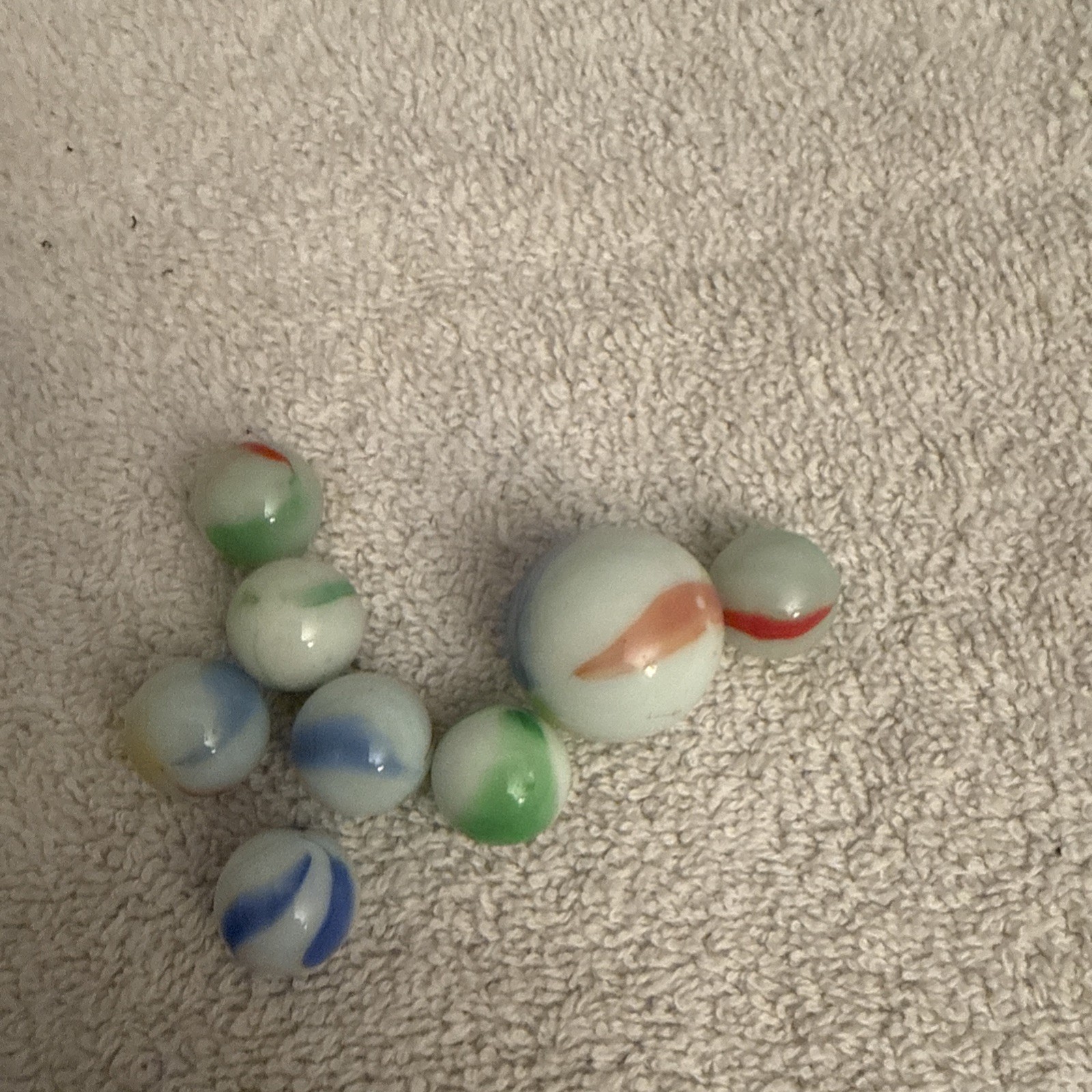 Vintage Glass Marble Collection – Set of 8 – Includes Large Blue Swirl Shooter