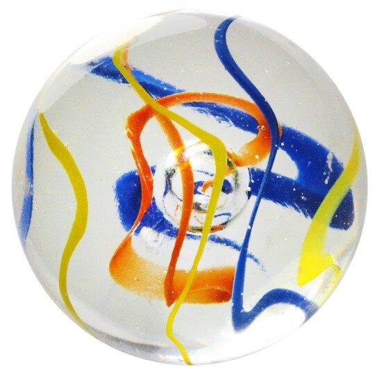 50mm Fiesta Streamers Glass Marble 2 Inch Clear w Red Blue Yellow Swirls Vacor
