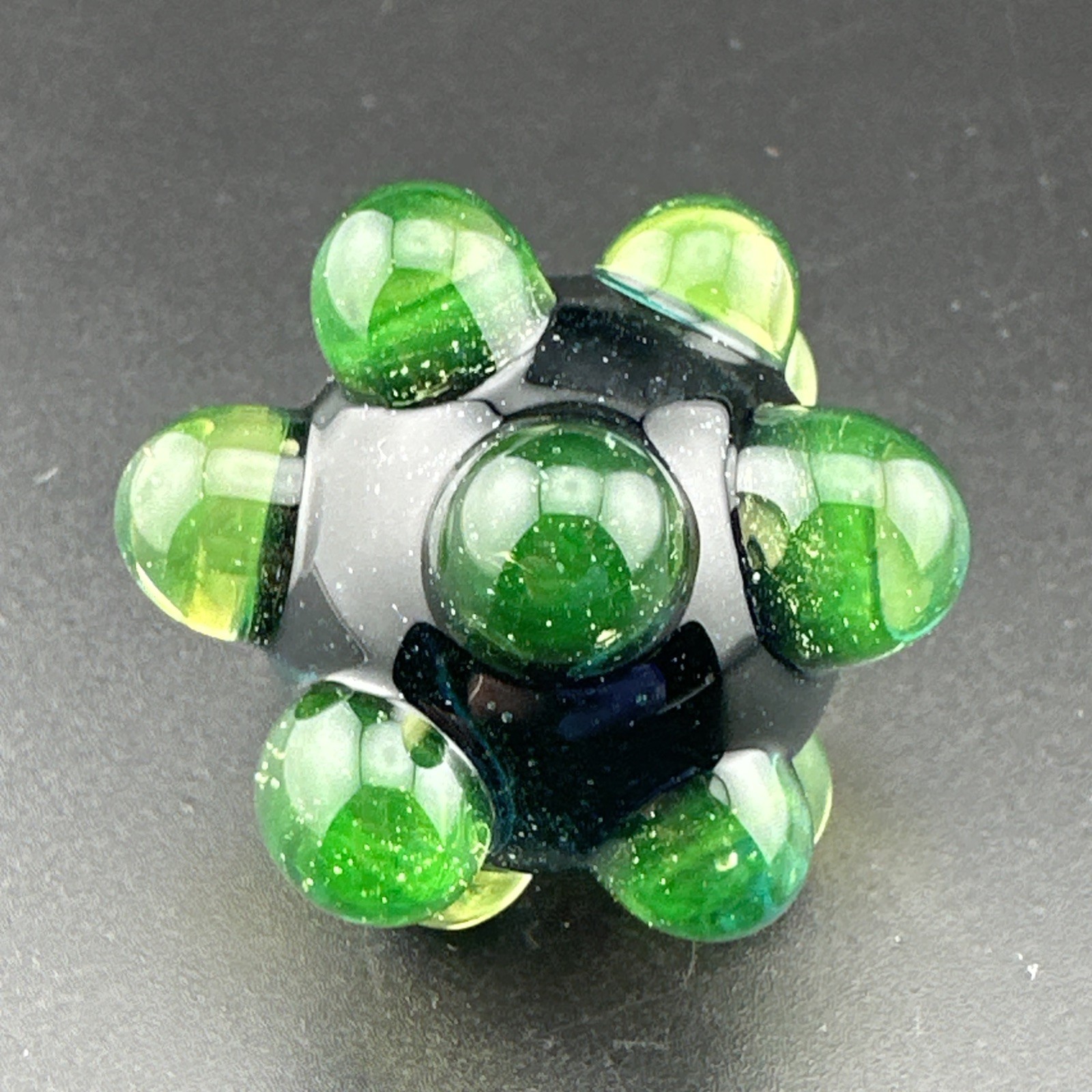 Contemporary Handmade Art Glass Marble 1.45″ Sparkle Core Hobnail With UV Green!