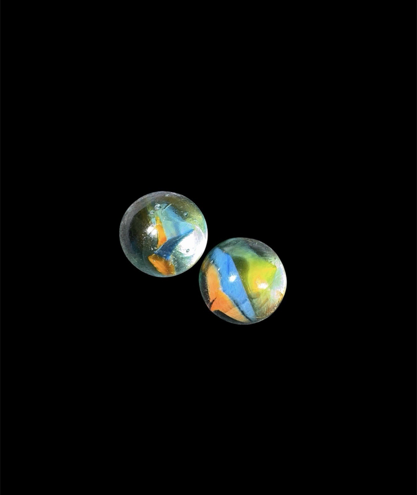 Vintage Vitro Agate Conqueror Tri-Lite Pee-Wee Marbles Pair Under 1/2″ MINT