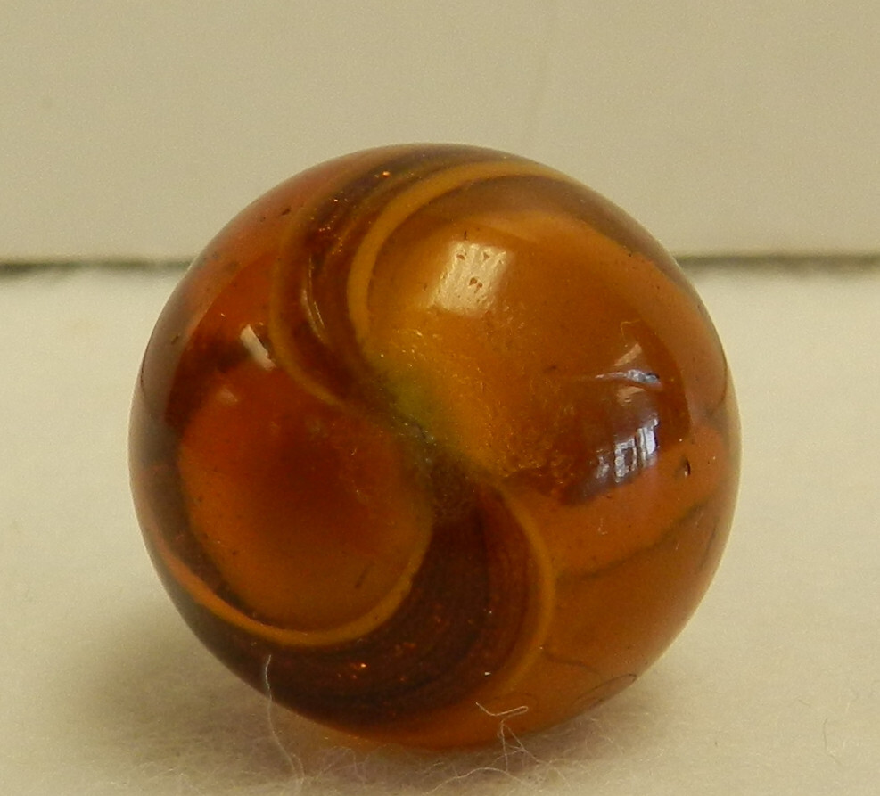 #18549m Large .77 Inches Vintage German Handmade Amber Glass Ribbon Lutz Marble