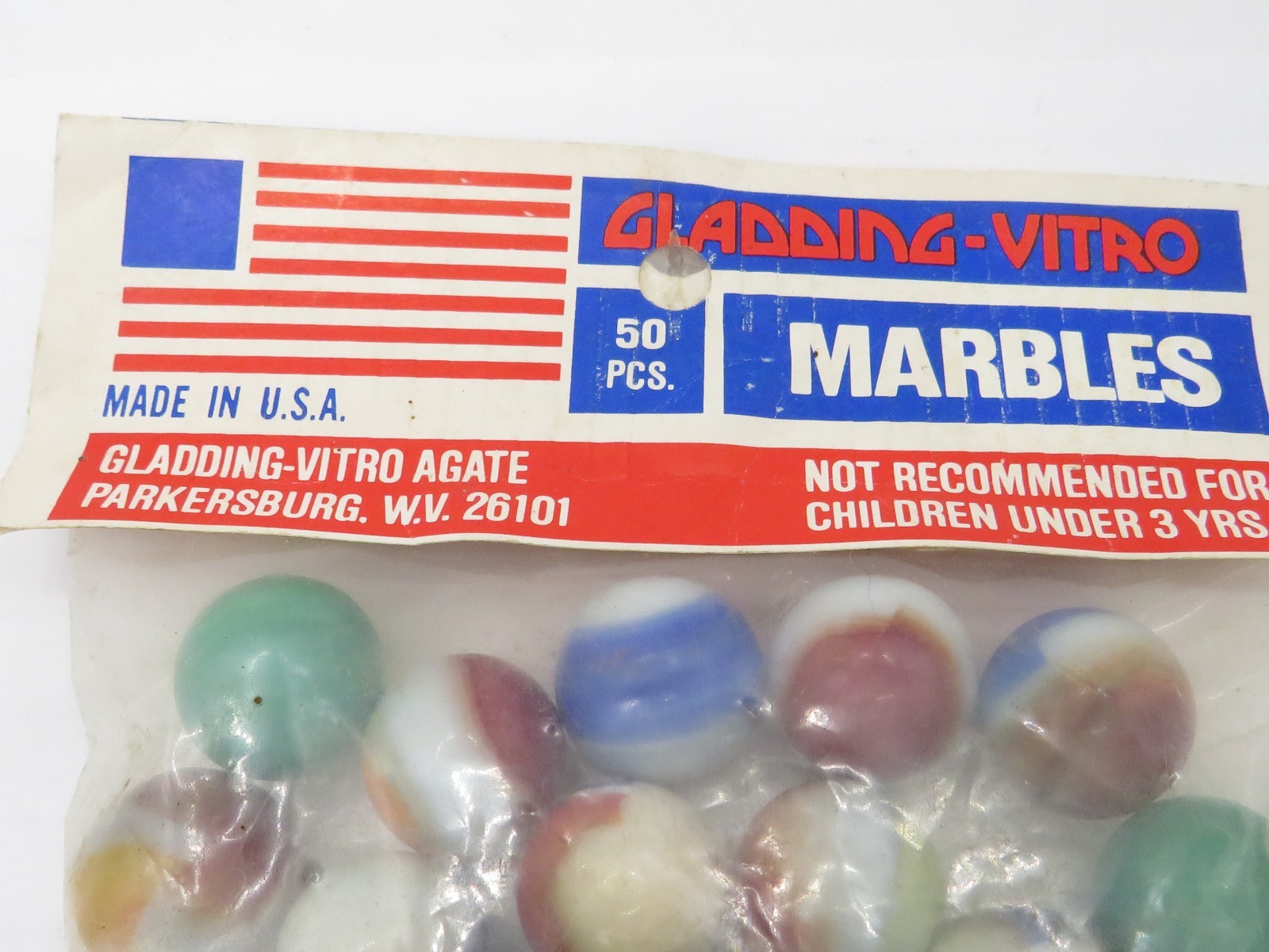 VINTAGE GLADDING VITRO AGATE MARBLES 50 PCS SEALED BAG PARKERSSBURG WV USA**
