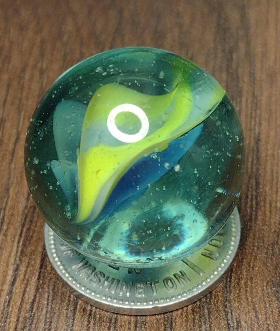 Blue Tri-Color NM .92″ LG Six Vane Ribbon Color Cateye Mystery Vintage Marbles