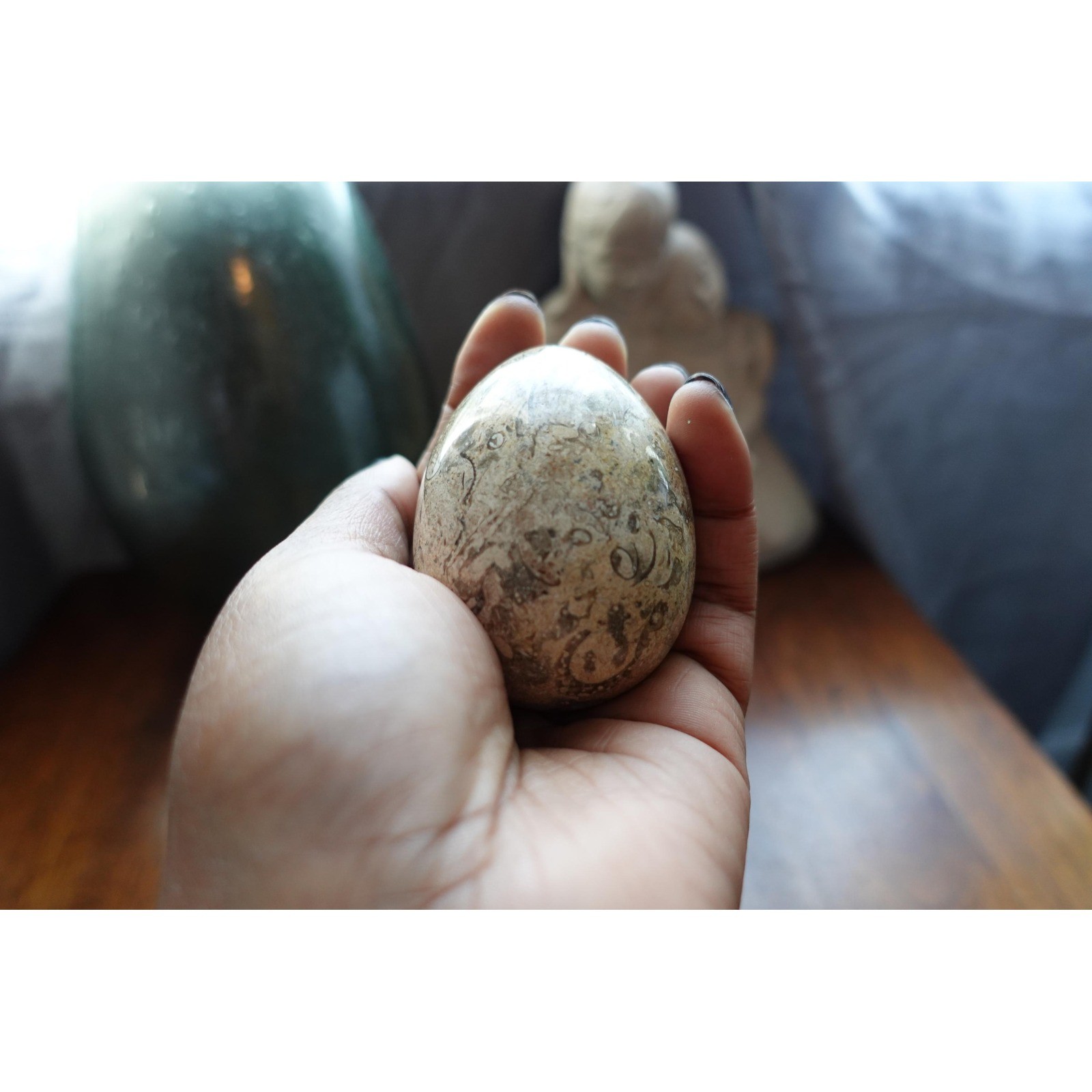 Vintage Polished Marble Egg with Stand: Brown Speckled Decor