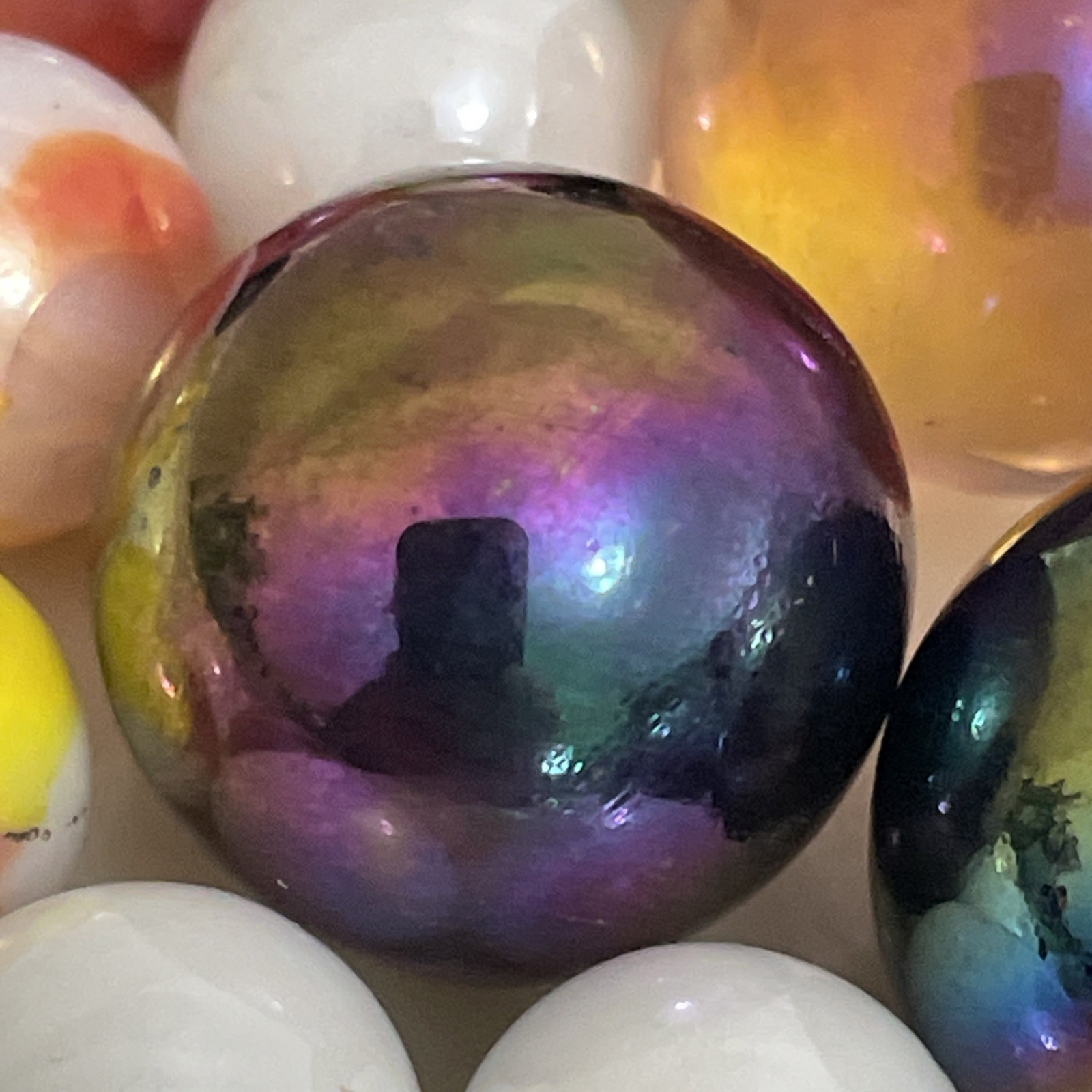 Vintage Estate Glass Marbles Lot – Iridescent, Cat’s Eye, + Other 45Pc