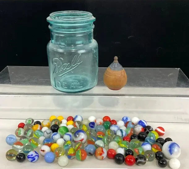 100 Piece Lot Of Vintage Marbles in Ball Ideal Aqua Jar