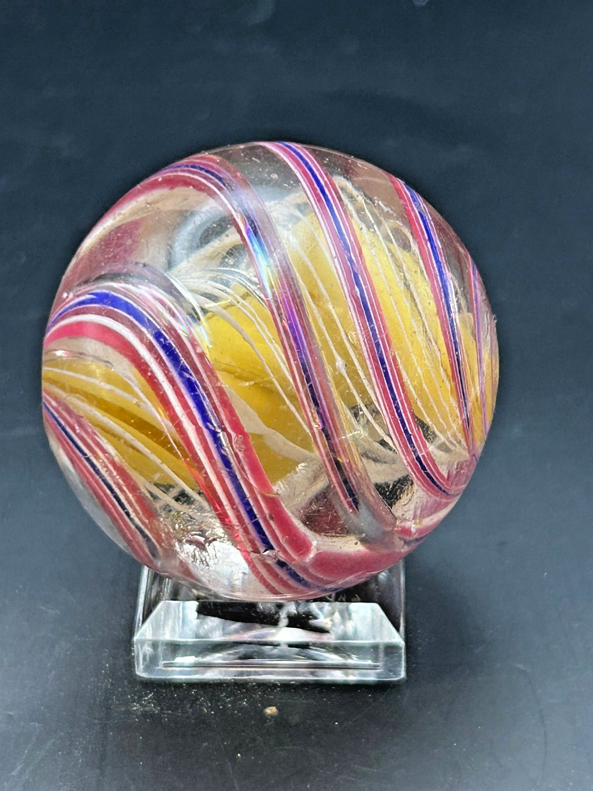 Antique German 3 Stage Solid Core Latticino Ribbon Marble 1 15/32″ NM+ E3.1