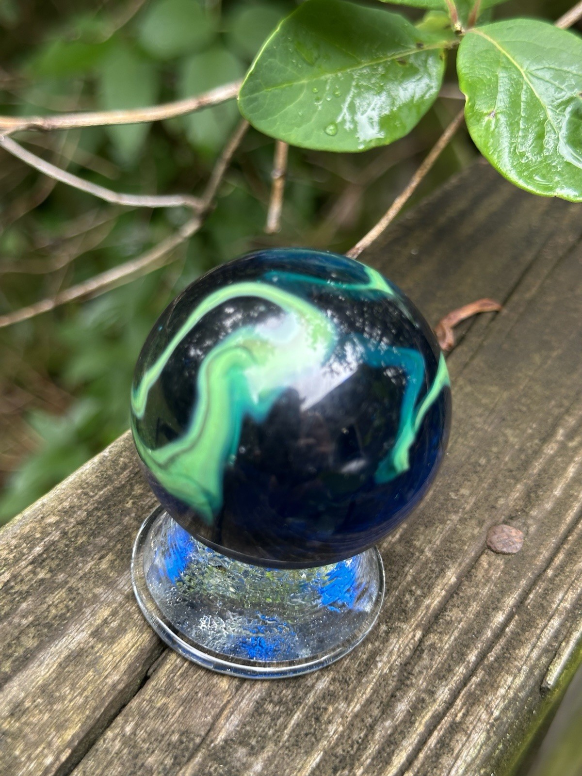 TOE BREAKER 50mm (2″) SEA TURTLE clear Blue/Green Marbles glass ball HUGE Swirl