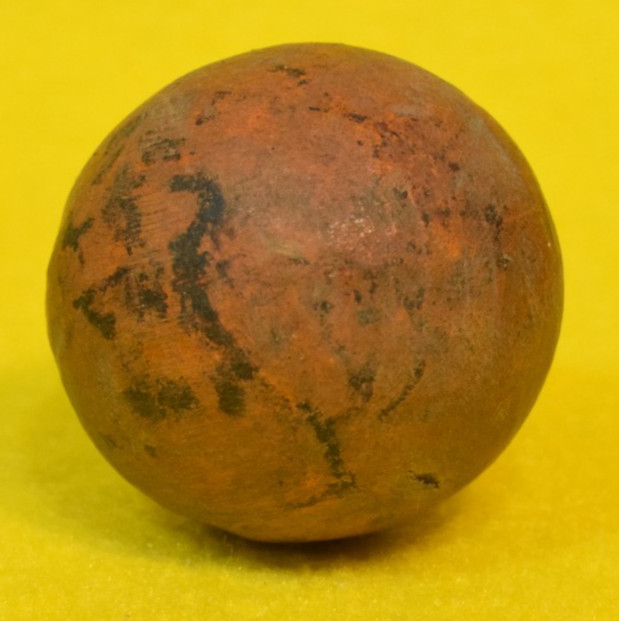 ANTIQUE CLAY MARBLE TAN OCHRE BLACK SHOOTER HAND ROLLED 1-1/4″ ART TOY HISTORY