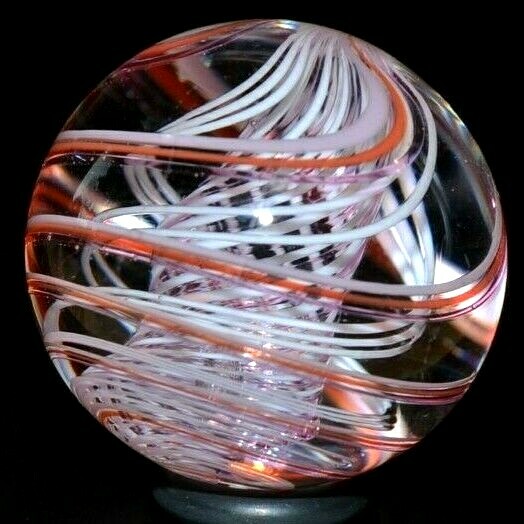 JODY FINE GLASS MARBLE/1.329″-WHITE & TRANS.PINK LATTICINIO TORNADO PEPPERMINT-