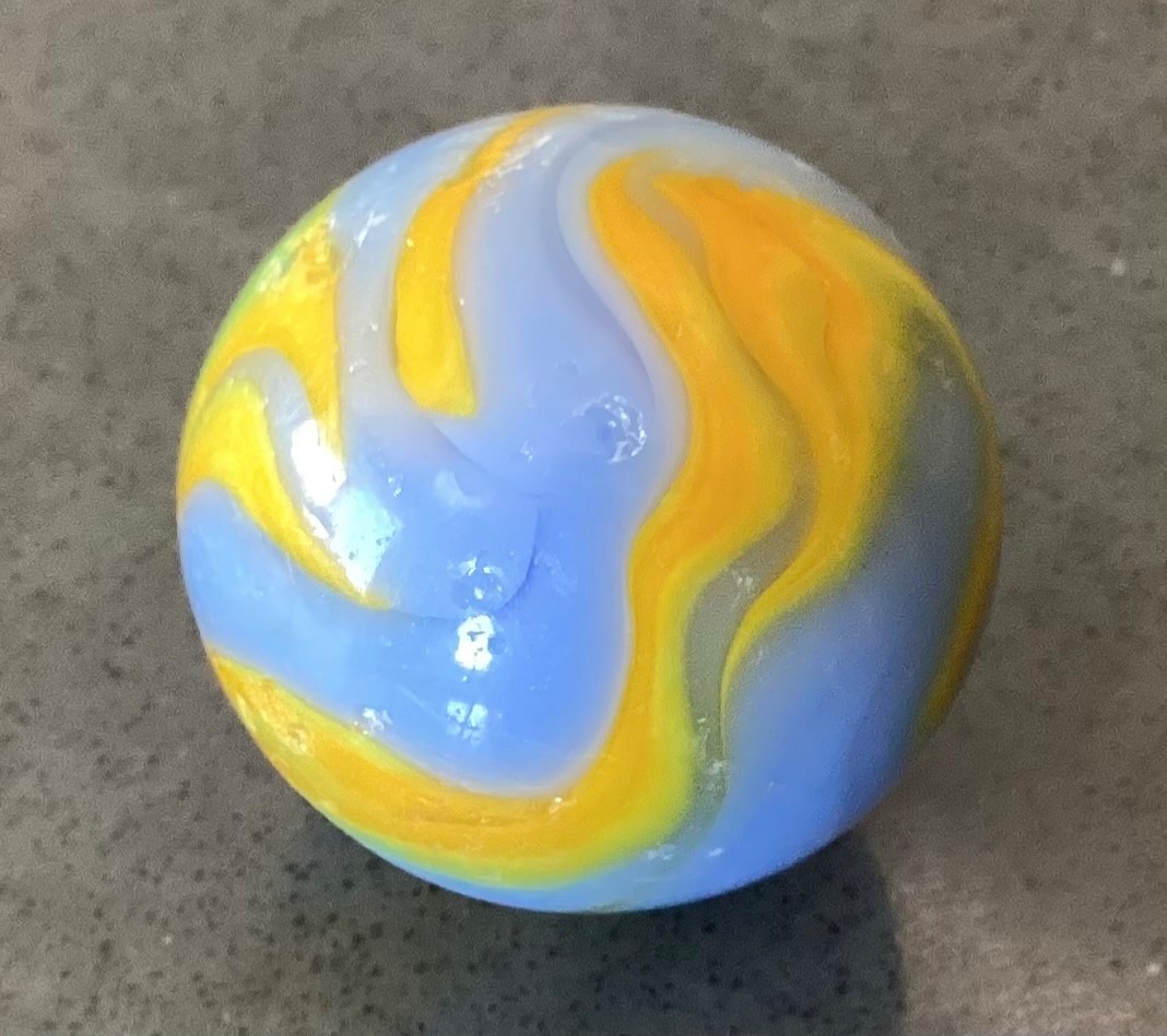 Marble Alley Agate Shooter Boulder Blue Yellow Flames Played Good+ to NM- 0.99”