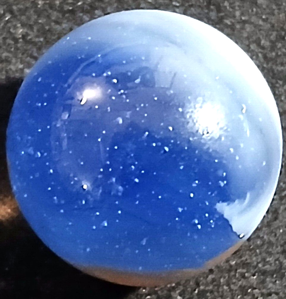 Vitro Agate Conqueror Glass Marble Blue Transparent Base Red White Patch .620″