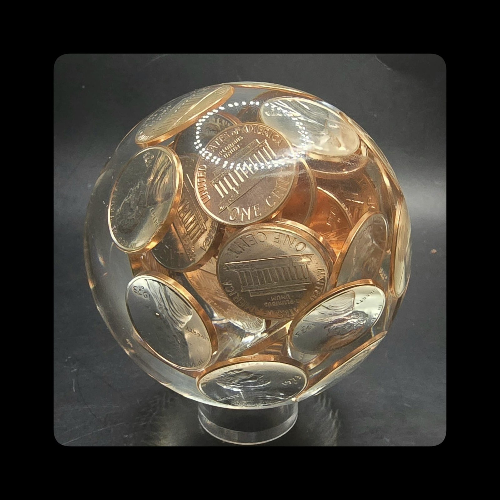 ~Mic’sMibs~ 2.75″ Lucite / Acrylic Contemporary Sphere with Pennies MINT