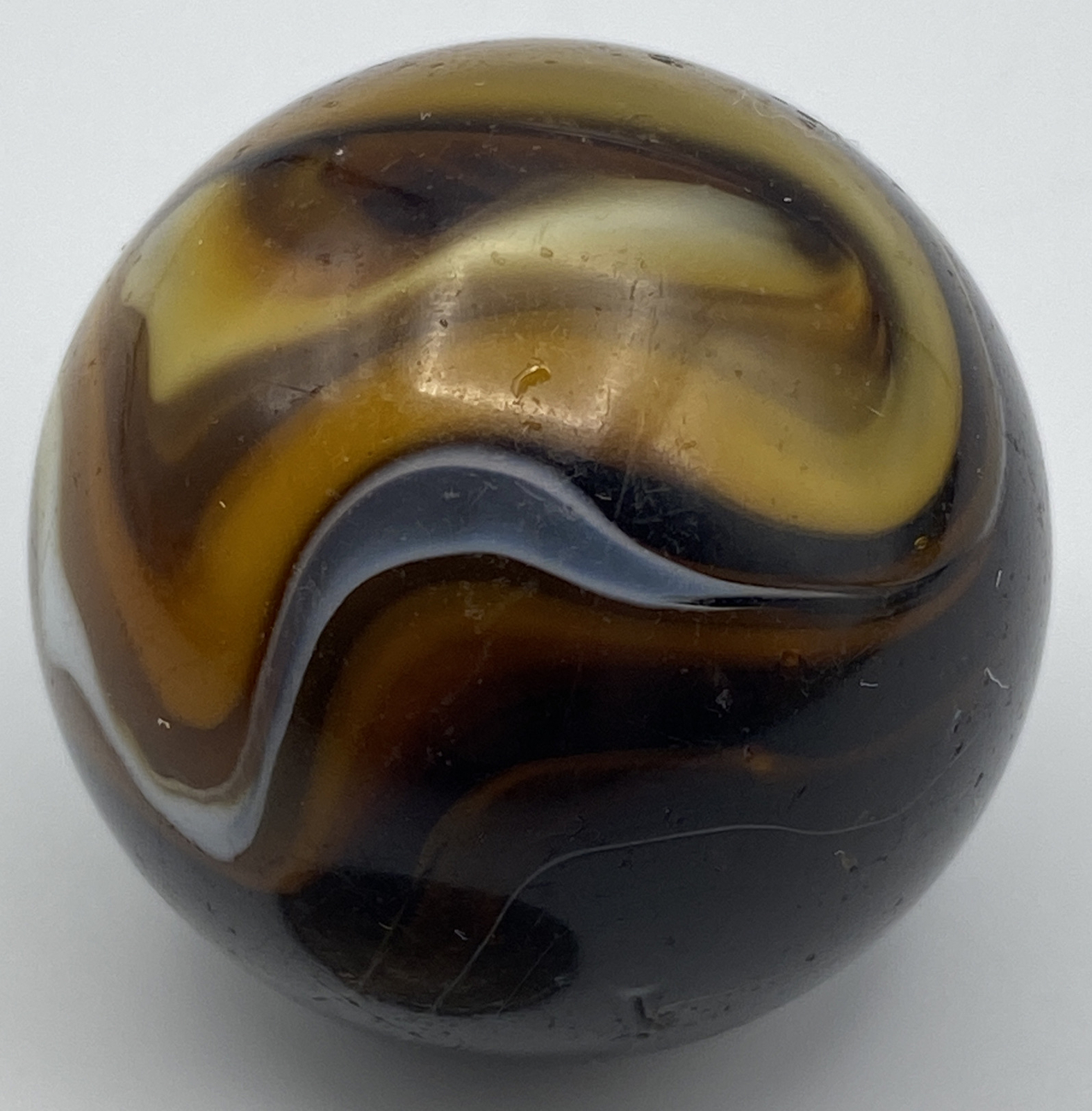 Marble : Scarce M.F. Christensen Brown Opaque White Swirl Slag Shooter 31.75mm