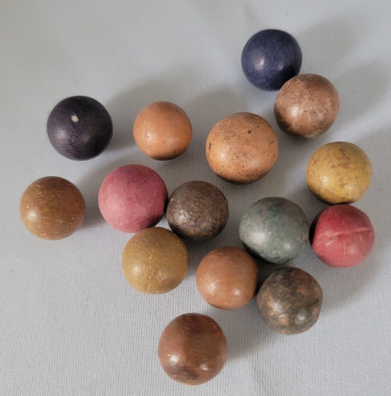 Group of 15 Various Size Vintage Clay MARBLES Blue-Purple Pink Green Brown pk 15
