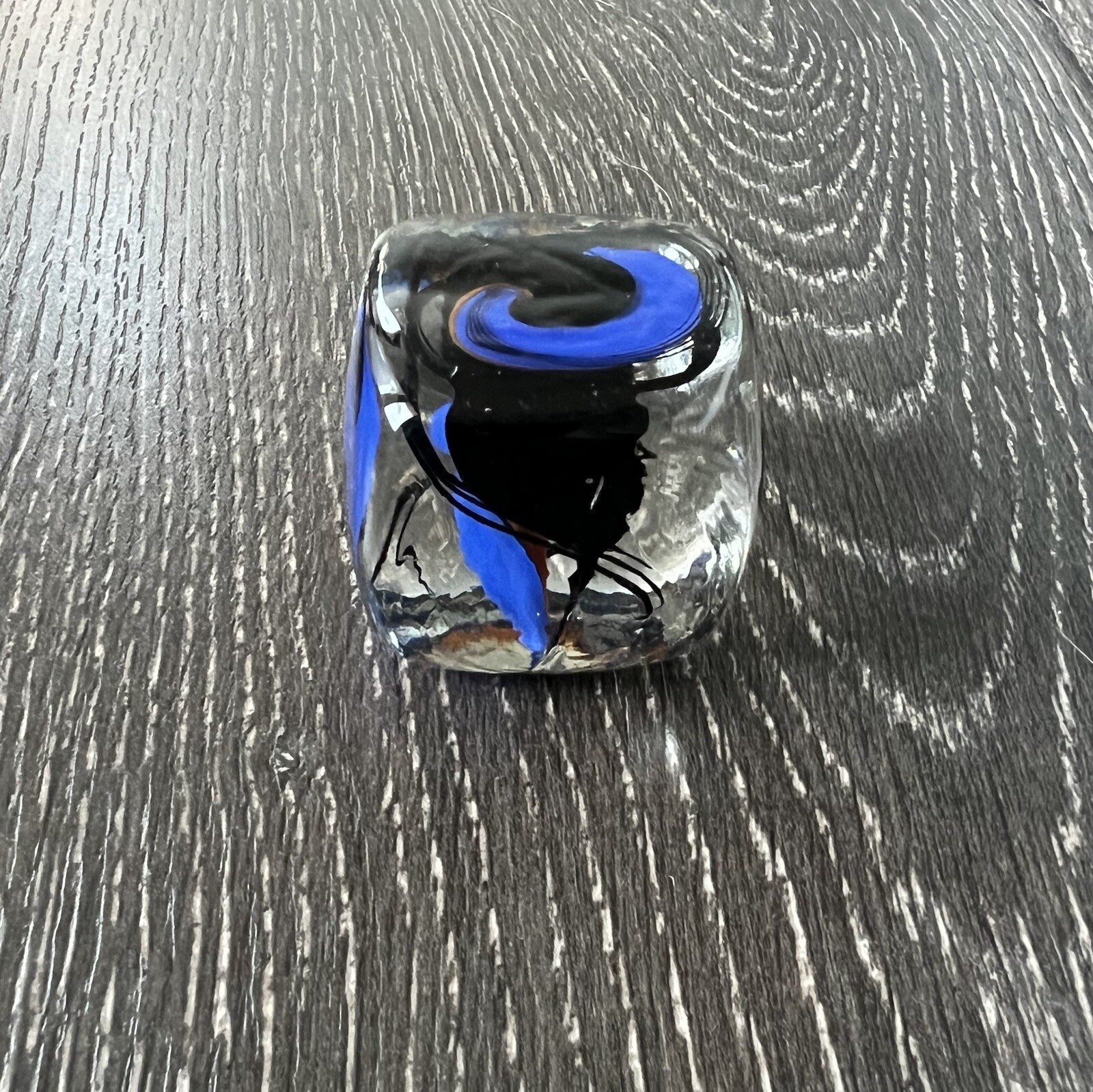 RARE SQUARE Shooter Rolf Wald Art Glass Cube Dice Blue Black & Orange Signed 90s