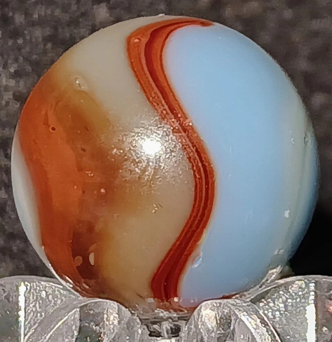 Vintage Peltier Glass NLR Hybrid Oxblood Marble. .60″ Mint. (HTF) UV Active